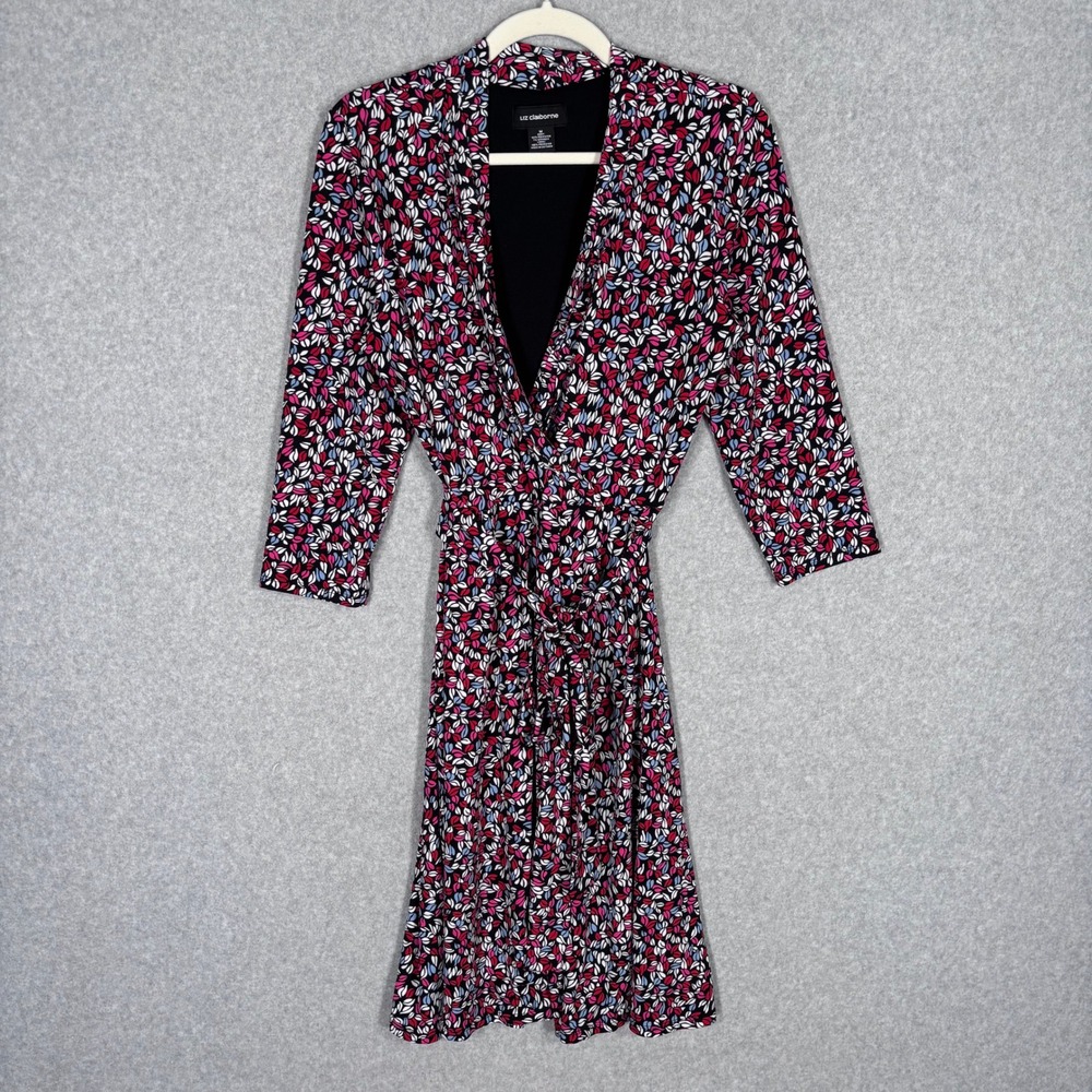 Vintage Liz Claiborne Wrap Midi Dress Medium Black Red 80s 90s Slinky Liquid